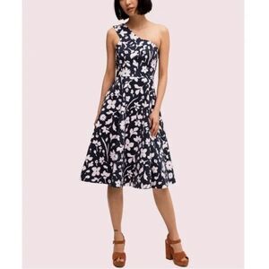Kate Spade Splash One Shoulder Dress Navy Blue Floral Midi Size 6 Pockets A-Line